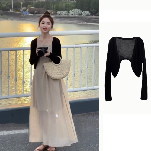 Thin long-sleeved knitted cardigan for women with shawl and suspender skirt, short air-conditioned sun protection Tencel waistcoat blouse