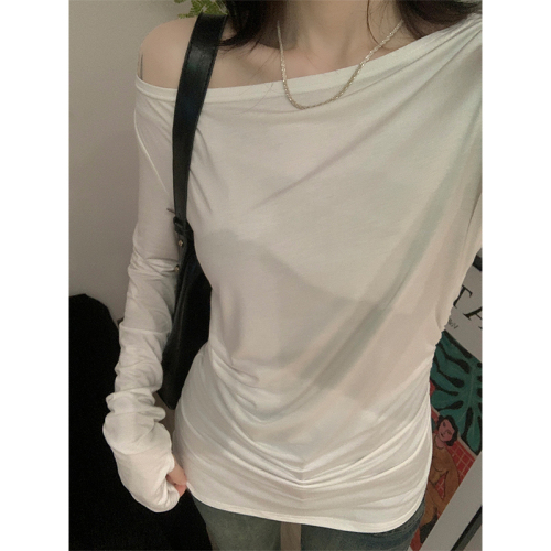 Actual shot and real price sexy slightly see-through oblique collar one-shoulder long-sleeved T-shirt for women in early autumn with drape design slim fit top