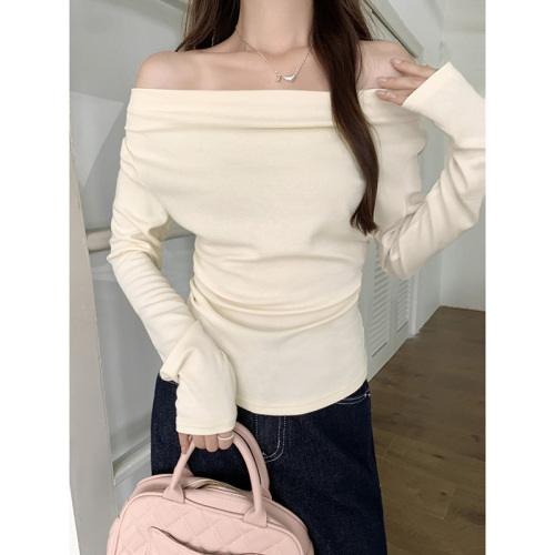 Actual shot and real price Pure Desire One-shoulder Swing Collar Long-sleeved T-shirt Women's Early Autumn Pleated Waist Slimming Short Inner Top