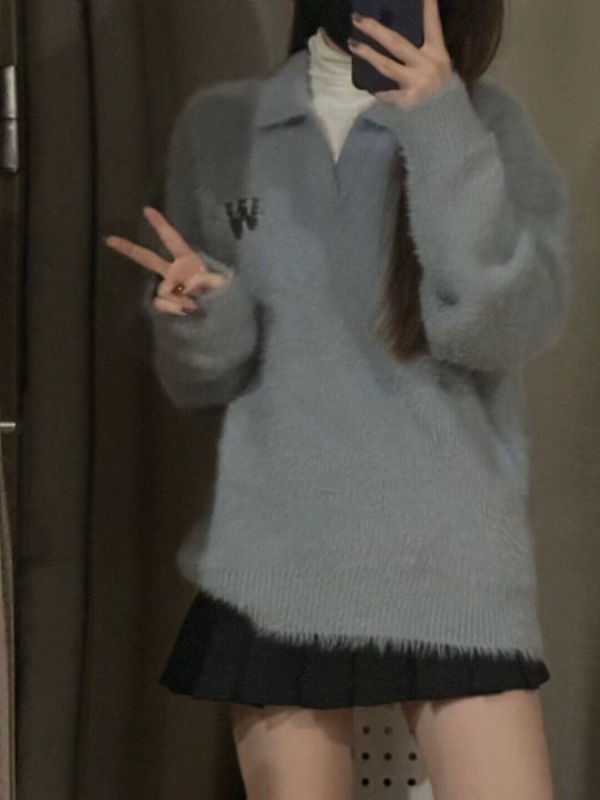 High-end soft waxy sweater Korean style lazy style women's winter design niche polo collar retro mohair top