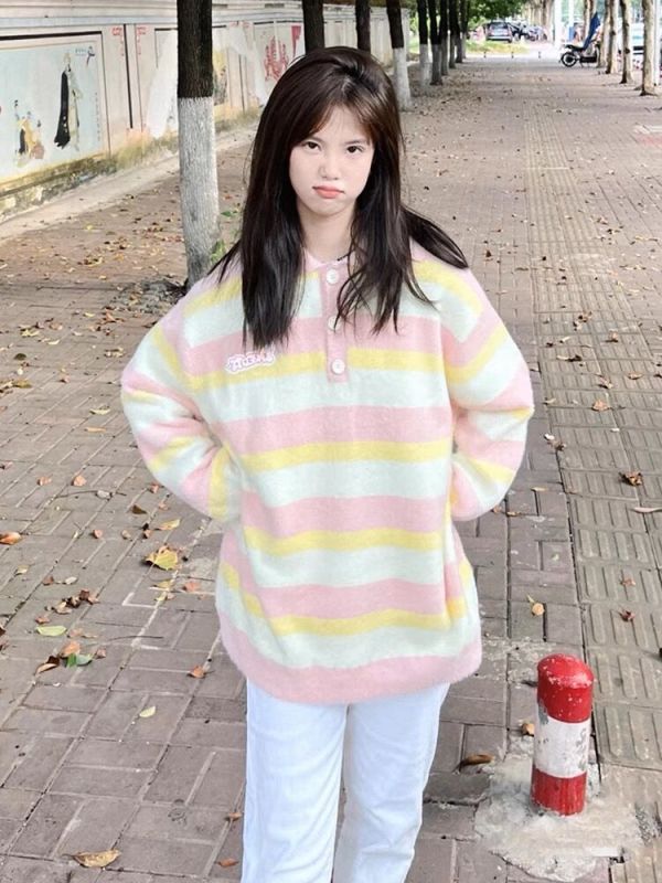 Cute polo collar pink striped sweater new autumn student lazy style gentle knitted top