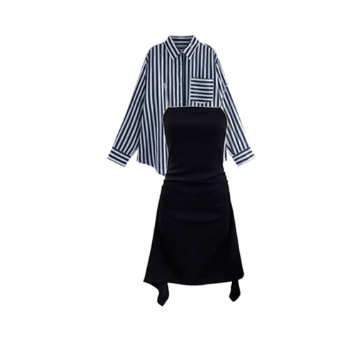 New small striped shirt top black suspender dress women's autumn clothing with a complete set