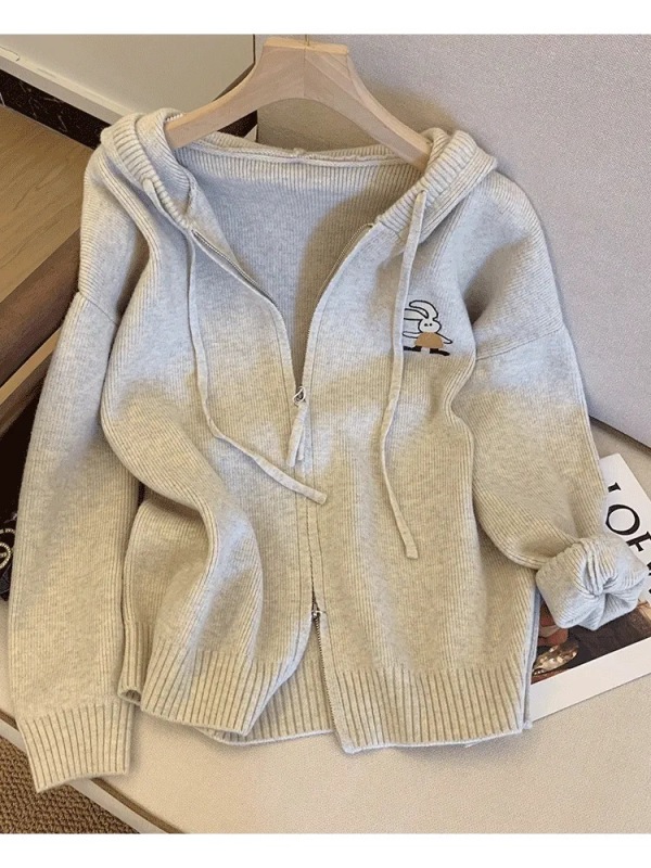 Hooded Cardigan Sweater Women's New Popular Autumn and Winter Loose Gray Long Sleeve Small Zipper Knitted Jacket