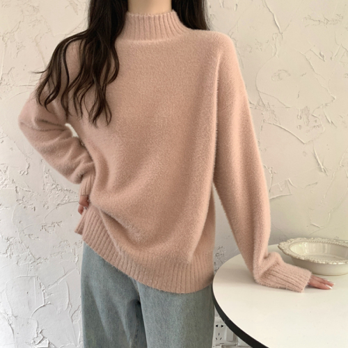 Autumn and winter Korean style loose half-high collar imitation mink velvet sweater thick sweater for women
