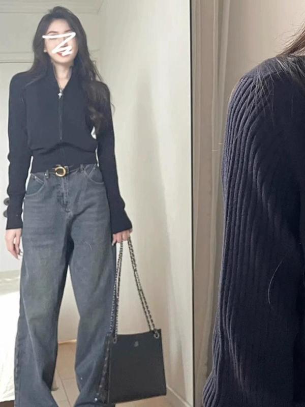 Black sweater knitted cardigan jacket women's spring and autumn new thin slim fit zipper top high-end