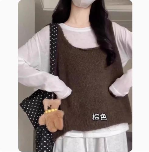 Early spring new style mohair knitted vest women's suspender sleeveless outer top loose layered vest two-piece suit