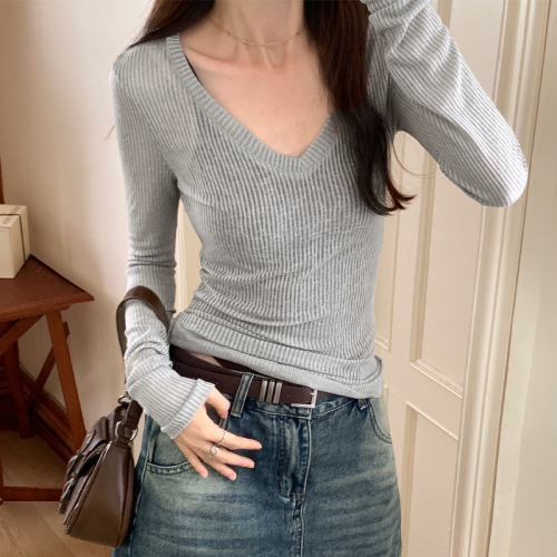 Autumn sexy hottie V-neck knitted long-sleeved T-shirt for women stretchy slim fit inner layering shirt