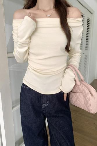 Actual shot and real price Pure Desire One-shoulder Swing Collar Long-sleeved T-shirt Women's Early Autumn Pleated Waist Slimming Short Inner Top