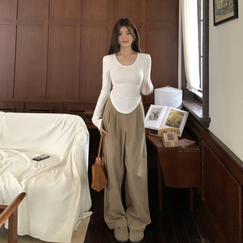 Real shot of 2024 autumn and winter new old money style commuting high waist wide leg trousers loose profile casual pants for women