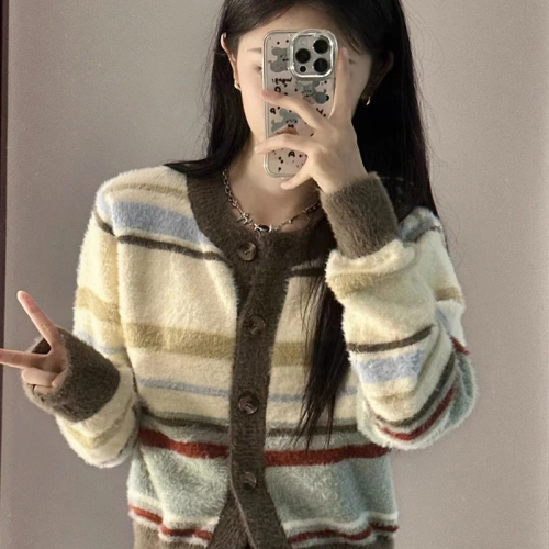 2024 new early autumn high-end short striped sweater jacket women's thin knitted cardigan outer wear