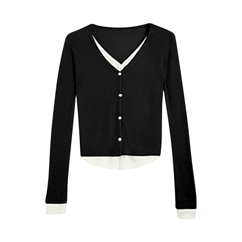 Black v-neck fake two-piece knitted cardigan spring and autumn new temperament inner bottoming long-sleeved top for women