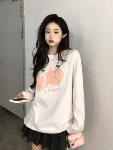 Pure cotton long-sleeved T-shirt for women 2024 new autumn and winter solid color loose bottoming shirt printed round neck top