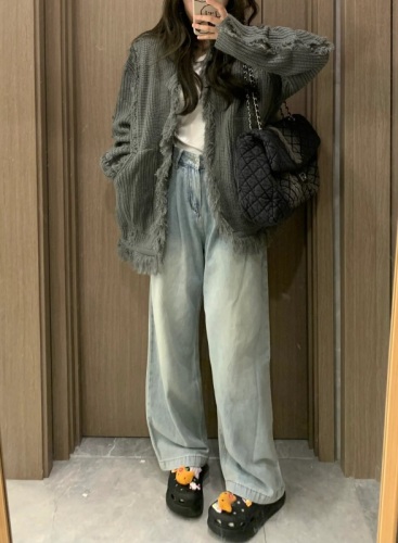 New autumn and winter Korean style niche loose and versatile versatile salty or sweet gray knitted sweater cardigan jacket for women