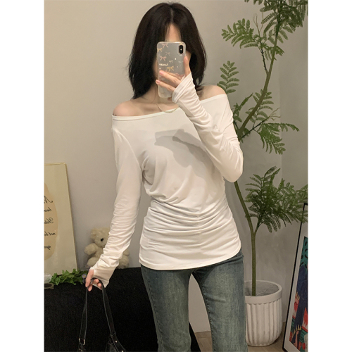 Actual shot and real price sexy slightly see-through oblique collar one-shoulder long-sleeved T-shirt for women in early autumn with drape design slim fit top