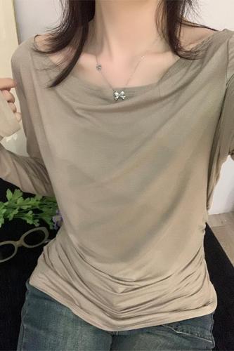 Actual shot and real price sexy slightly see-through oblique collar one-shoulder long-sleeved T-shirt for women in early autumn with drape design slim fit top