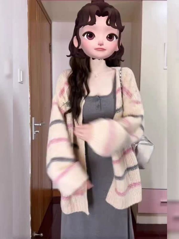 Mid-length long-sleeved sweater jacket for women, new spring style, lazy style V-neck, loose and versatile rainbow sweater for outer wear