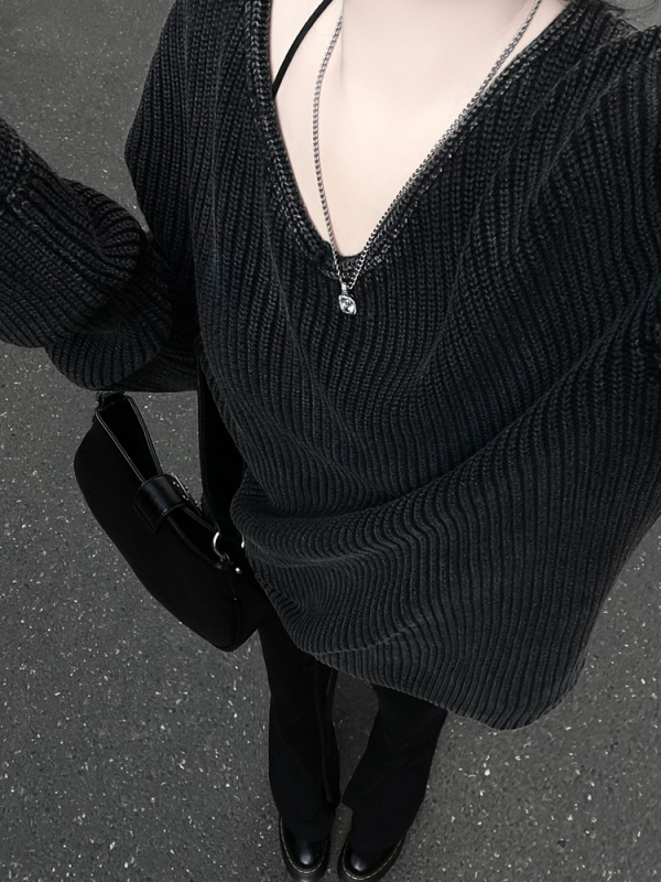 SUN11 washed gray loose sweater lazy style v-neck sweater women's new autumn versatile top pullover
