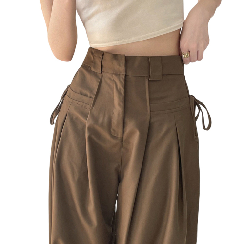 Khaki high-waisted narrow wide-leg pants for women summer straight workwear casual pants drape suit pants floor-length long pants