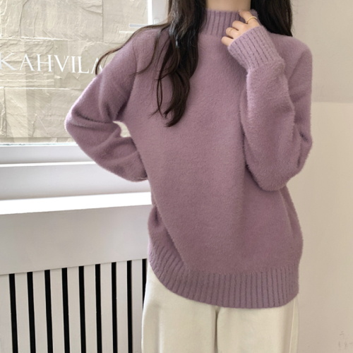 Autumn and winter Korean style loose half-high collar imitation mink velvet sweater thick sweater for women