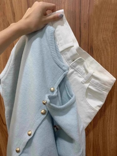 Blue knitted cardigan for women, spring and autumn outer sweater jacket, casual, soft, gentle, loose, long-sleeved top