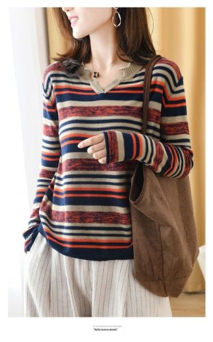 Korean style women's long-sleeved autumn new style loose striped fashionable inner thin knitted bottoming top