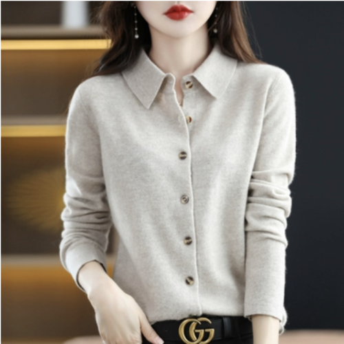 High-end 100% pure wool shirt, women's cardigan, cashmere sweater, top, elegant shirt, sweater jacket