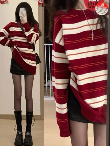 Be careful with your own money!  Japanese contrast striped sweater women's loose retro lazy style high-end knitted jacket