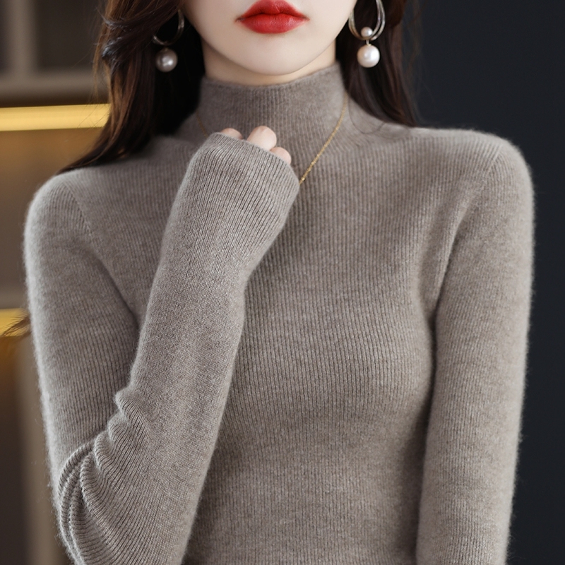 First-line ready-to-wear seamless half-turtleneck woolen sweater for women, pullover striped sweater, slim fit and versatile cashmere knitted bottoming sweater