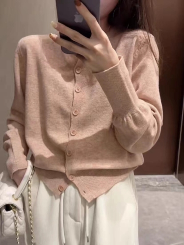 Core-spun yarn popular knitted cardigan for women Korean style round neck loose short cotton cashmere outer sweater jacket top