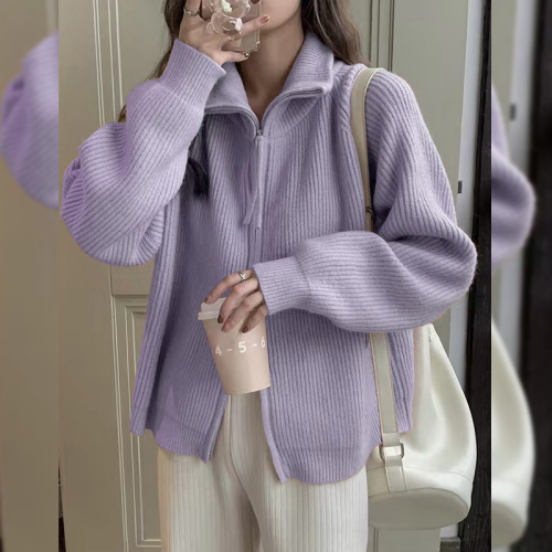 New high-end and super good-looking purple knitted cardigan jacket thickened lapel zipper sweater for women