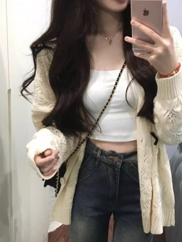 Hollow bow sweater cardigan for women 2024 spring and autumn new v-neck lazy loose sweater top jacket