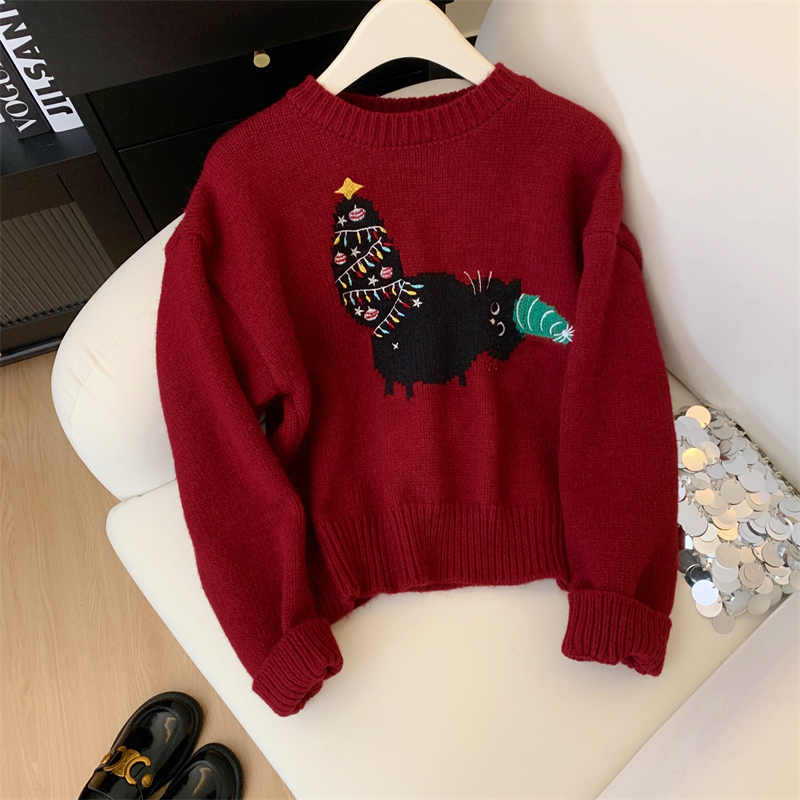 Round neck cat pullover women's autumn and winter new loose sweet sweater Christmas thickened top