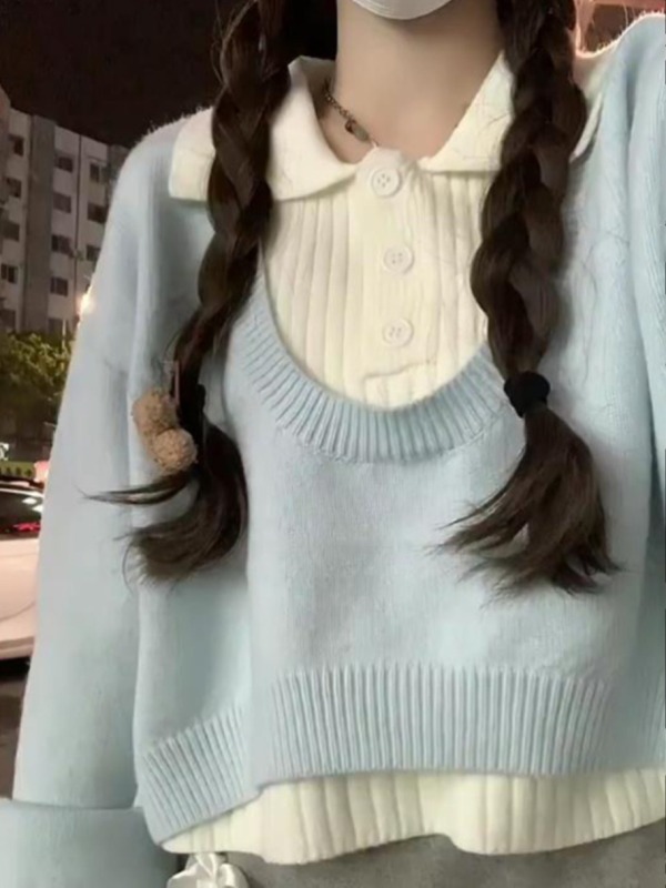 Breast fufu college style short sweater two-piece set for women spring and autumn loose soft and waxy knitted sweater for little people