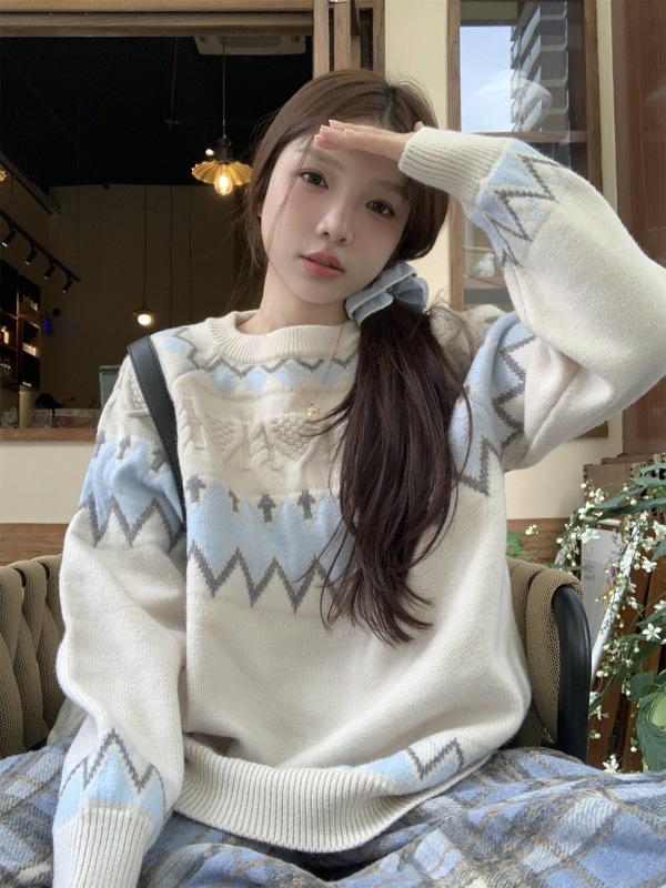 French sweet design round neck diamond check lazy style knitted sweater