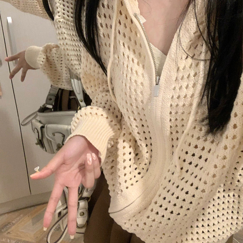 Thin jacket hollow knitted cardigan hooded popular air-conditioning shirt sun protection top for women spring and autumn outer cover-up