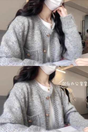 High-end cardigan 2024 new style gray small fragrance soft waxy knitted women's lazy style early spring and autumn sweater jacket