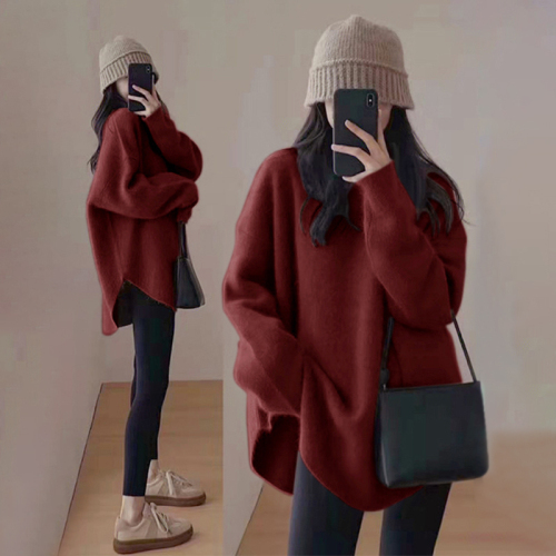 Red wear Christmas sweater women's coat thickened autumn and winter new style lazy style soft waxy knitted top