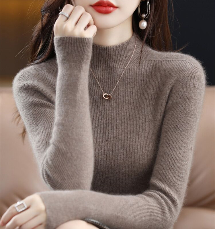 Women's cardigan half turtleneck bottoming shirt with solid color autumn and winter short slim fit sweater