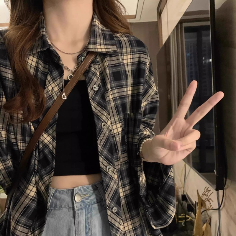 Retro plaid shirt for women 2024 new design shirt thin outer sun protection top jacket for women