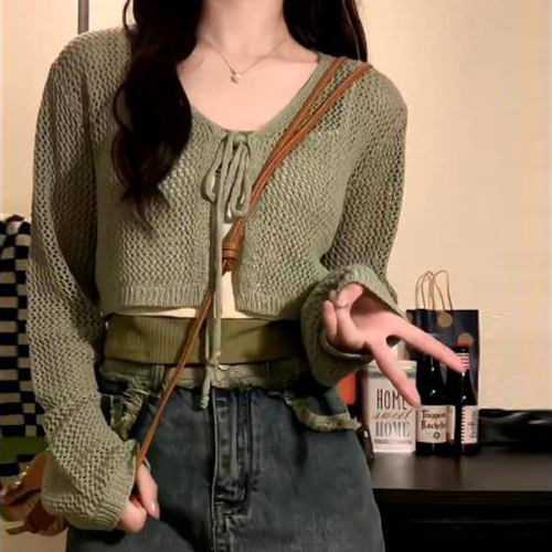 Sun protection cardigan for women, thin ice silk blouse, waistcoat top, pure lust style, hollow knitted sweater jacket