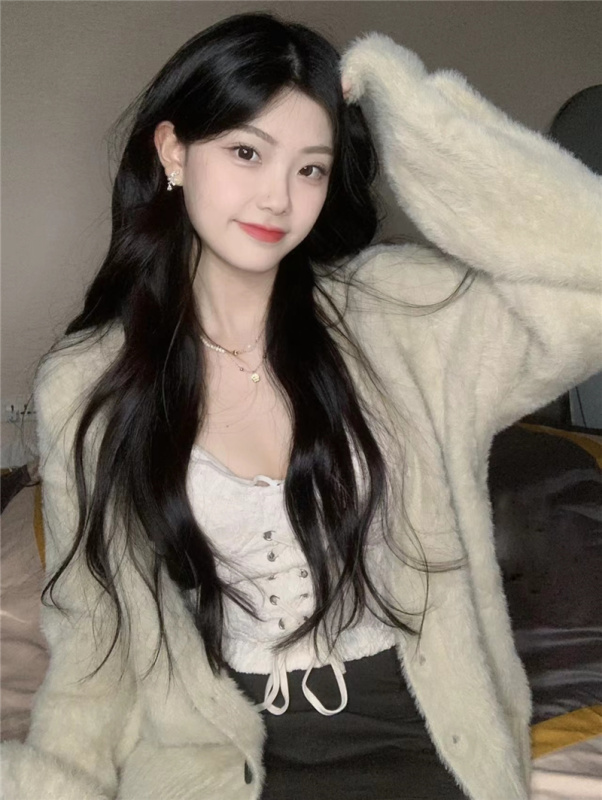 Lazy style ins mink velvet sweater cardigan mid-length V-neck + camisole women's lace