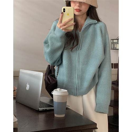 New high-end and super good-looking purple knitted cardigan jacket thickened lapel zipper sweater for women