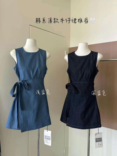 Real shot~ Chic and pure desire retro waisted denim dress with summer design round neck tank top