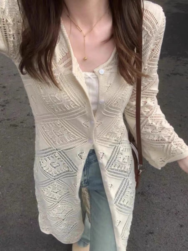 French Crochet Hollow Blouse Knitted Sun Protection Cardigan Jacket Women's Slim Fit Chic Beautiful Long Top