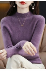 First-line ready-to-wear seamless half-turtleneck woolen sweater for women, pullover striped sweater, slim fit and versatile cashmere knitted bottoming sweater