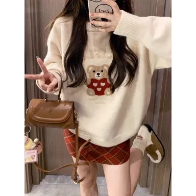 Autumn and winter retro towel embroidered bear pullover sweater for women loose lazy style heavy round neck sweater