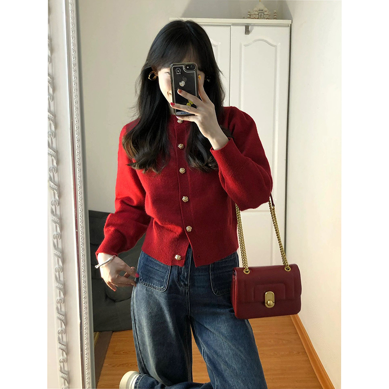 Retro red sweater women's winter short lazy knitted cardigan waist slimming lantern sleeve sweater