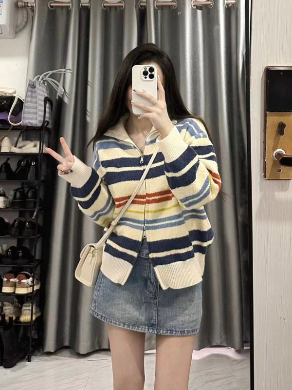 NTOT Rainbow Stripe Retro Double-Zip Cardigan Lapel Circle Sand Age-Reducing Youthful Design Knitted Sweater