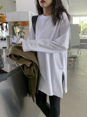 Pure cotton white slit bottoming shirt for women, thin spring and autumn wear, loose long-sleeved T-shirt for women, long style