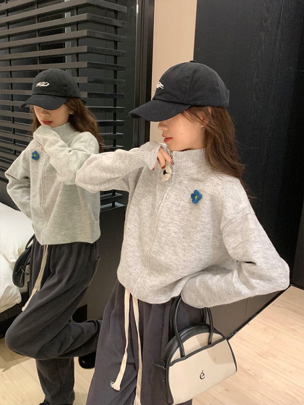 New gray half turtleneck small flower sweater coat early autumn knitted cardigan sweatshirt top for women
